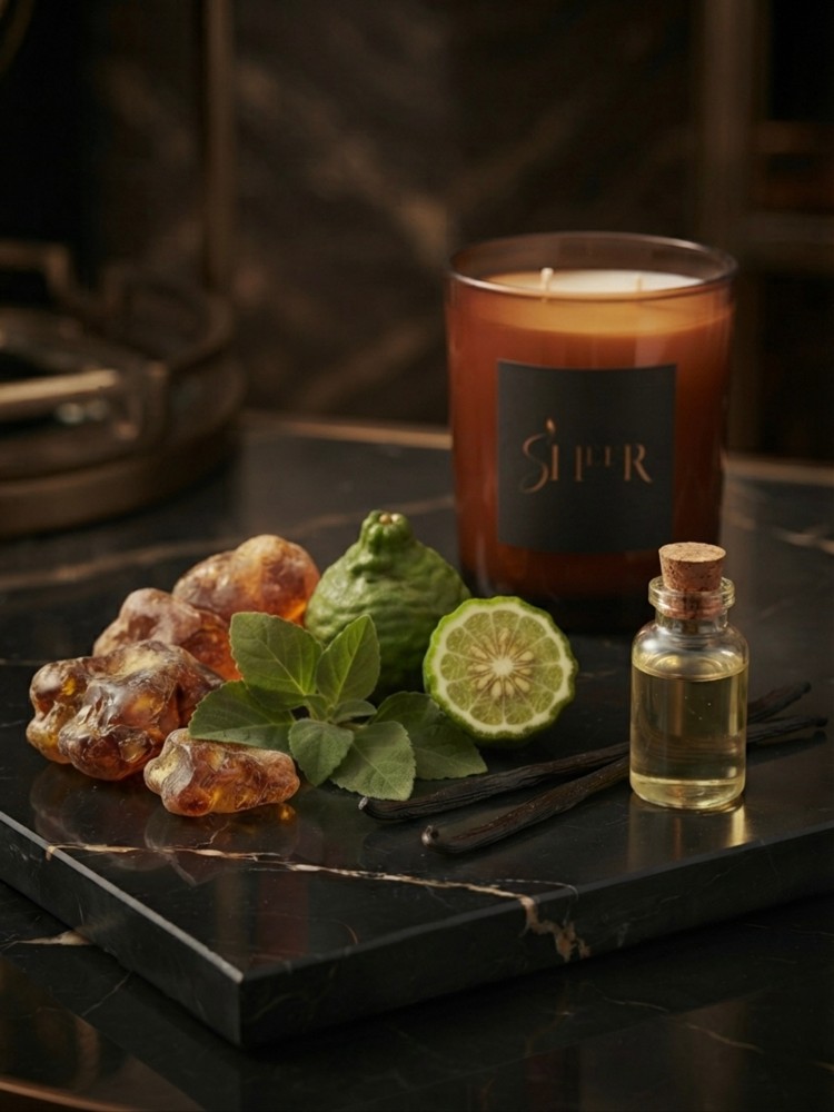 Siyah mermer üzerinde amber reçine, bergamot ve esans şişesiyle SHEER mumu
